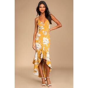 Lulus Darling Daylily Mustard Yellow Floral Print High-low Maxi Dress - Size XS